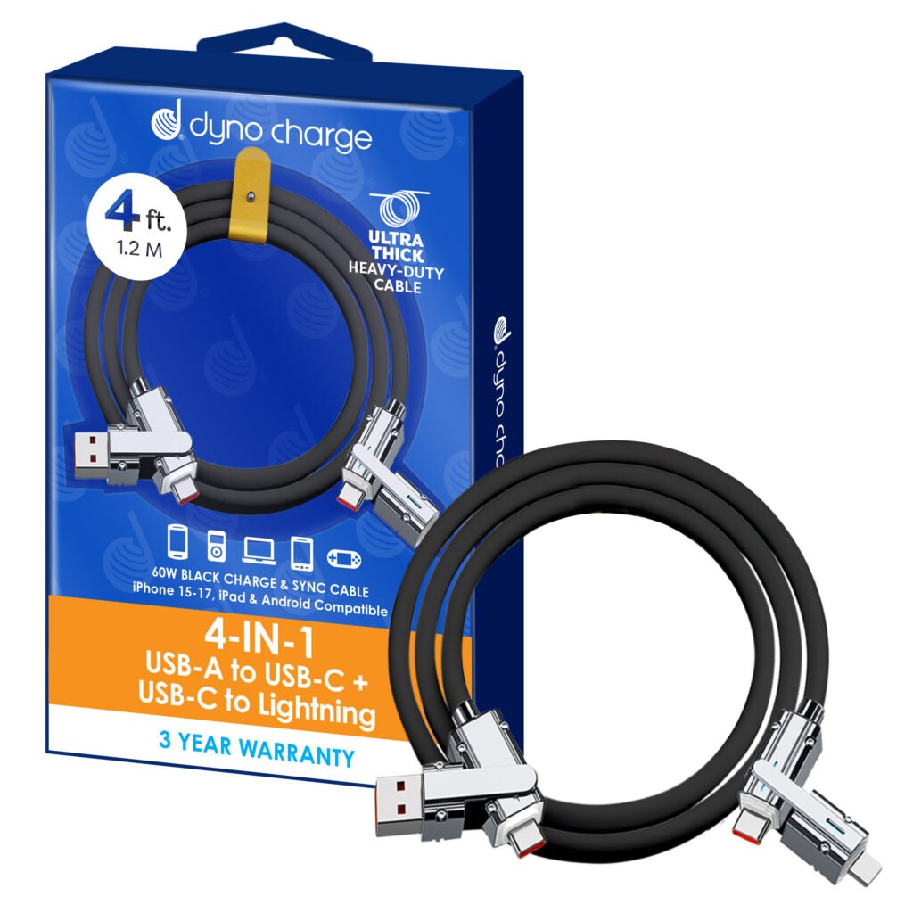 4-in-1 USB-A to USB-C + Lightning Cable, Black #82111